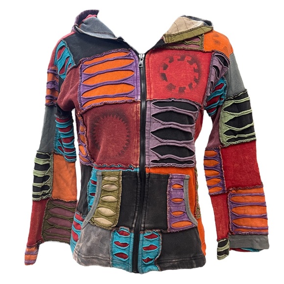 Vintage KPC Nepali Patchwork Razor Cut Hoodie Zip Front Wear Small - Picture 1 of 12